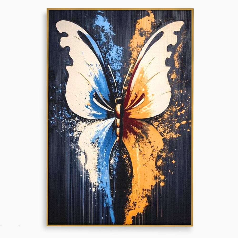Tablou canvas cu tablou canvas cu fluture simetric, in rama de aluminiu auriu